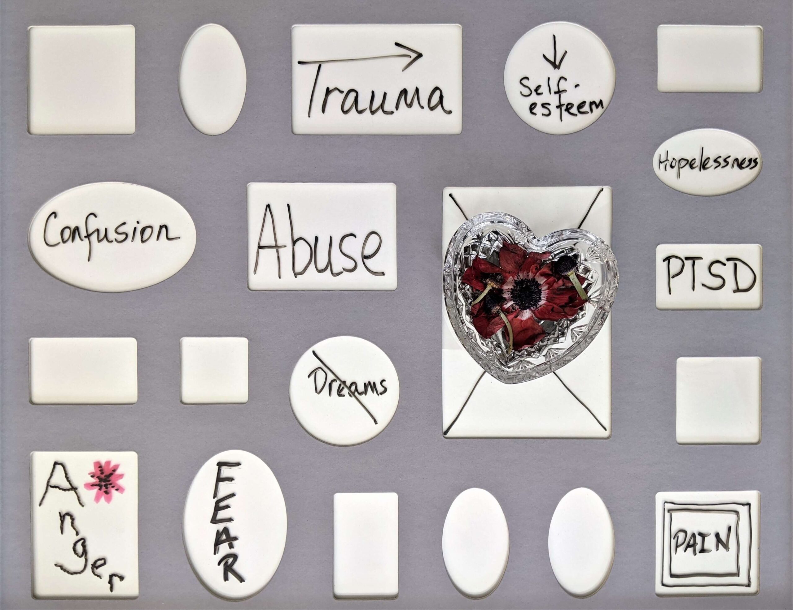 Different forms of trauma are displayed on white shapes. The side effects of trauma can be devastating. PTSD treatment is help to those dealing with the effects of trauma. Reach out today to work with a trauma therapist in Raleigh NC. You don't have to do it alone!